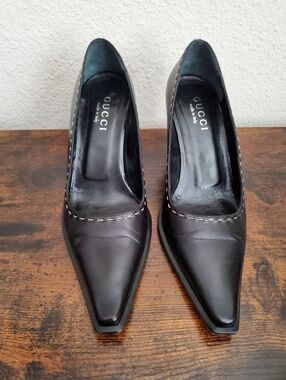 Gucci Black Square-Toe Leather Heels with Contrast Stitching 6.5